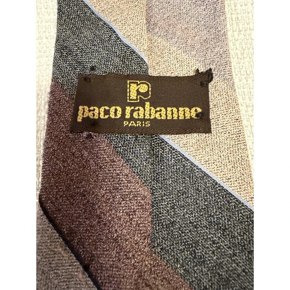 Vintage Paco Rabanne‎ Wide Striped Silk Tie in Purple Varied Grays and Pale Blue